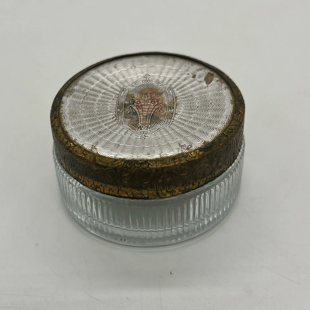 Vintage Art Deco Glass Decorative Vanity Powder Dresser Cosmetic Jar Fancy Lid